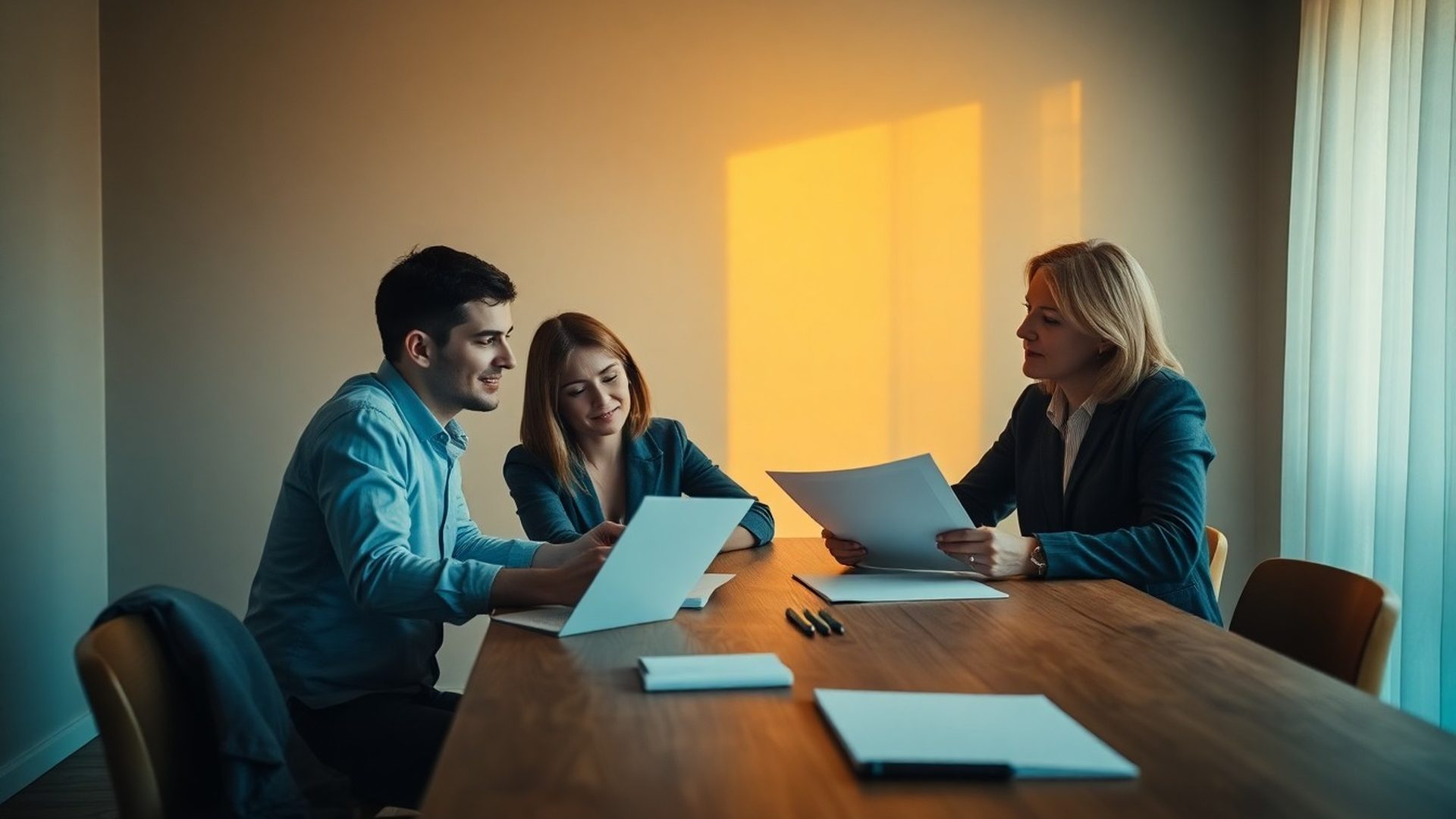 Familie din România analizând documente patrimoniale în lumina blândă a după-amiezii